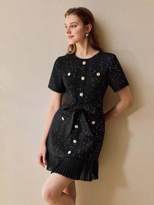 PREMIUM TWEED BUTTON FRONT PLEATED HEM DRESS