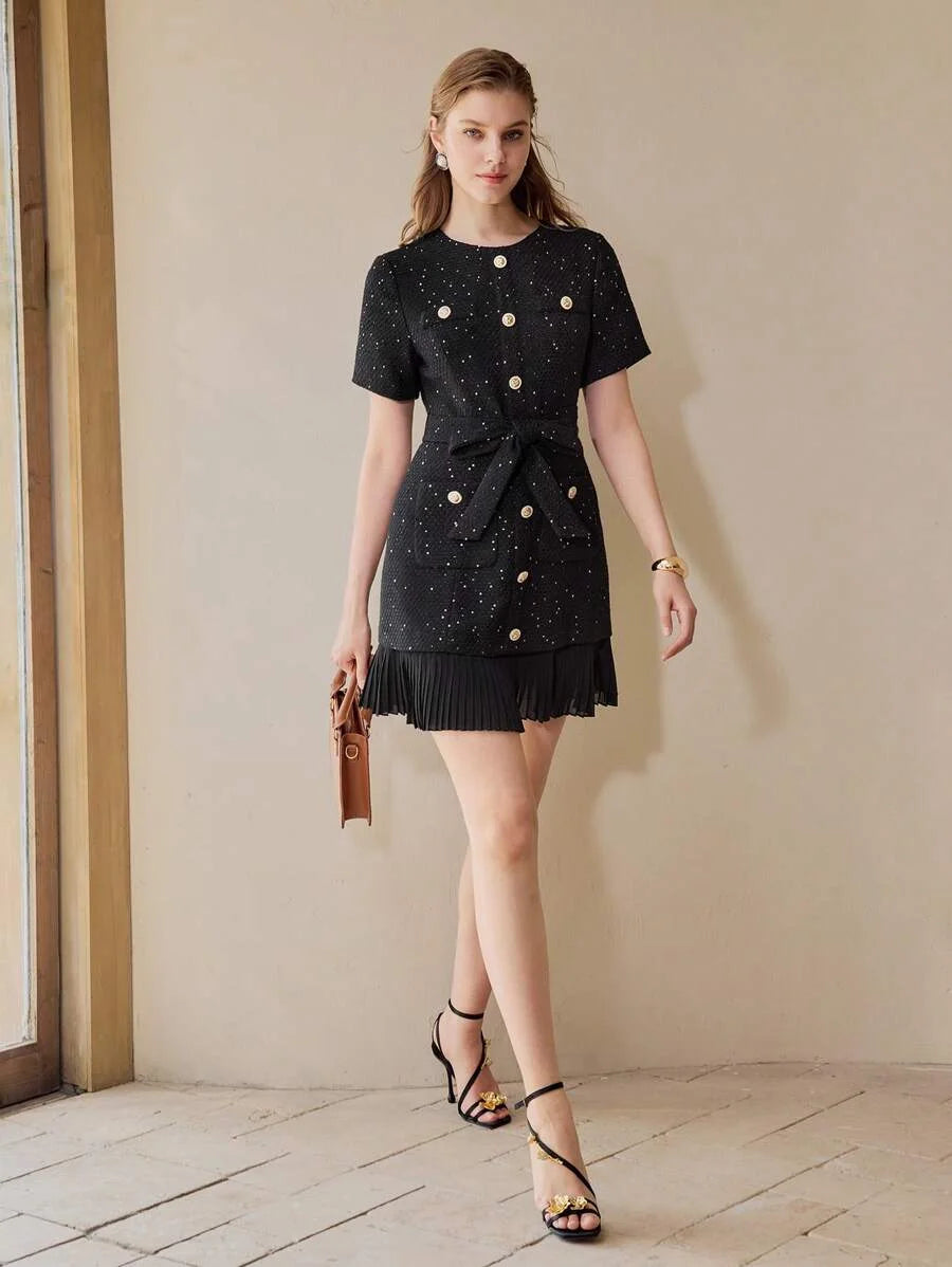 PREMIUM TWEED BUTTON FRONT PLEATED HEM DRESS