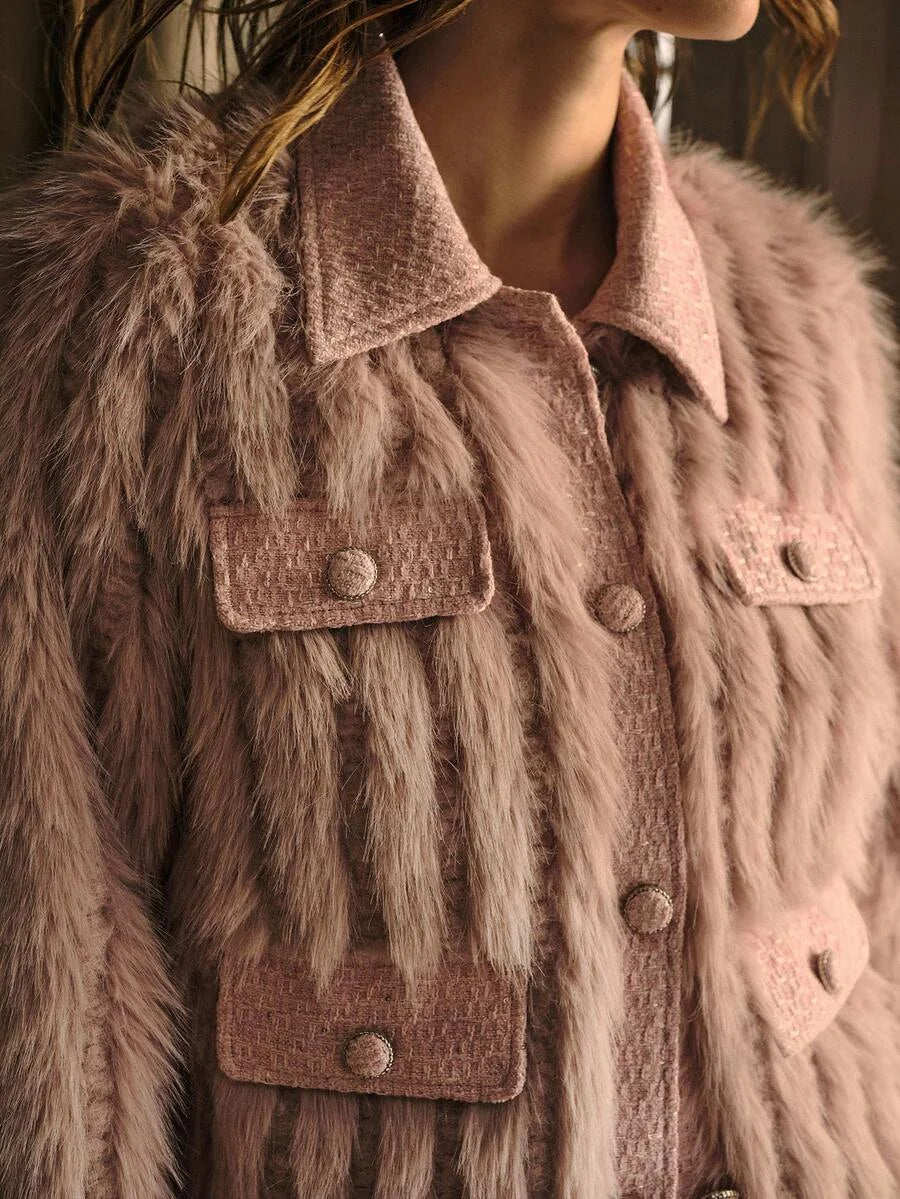 PREMIUM TWEED BUTTON UP FAUX FUR COAT