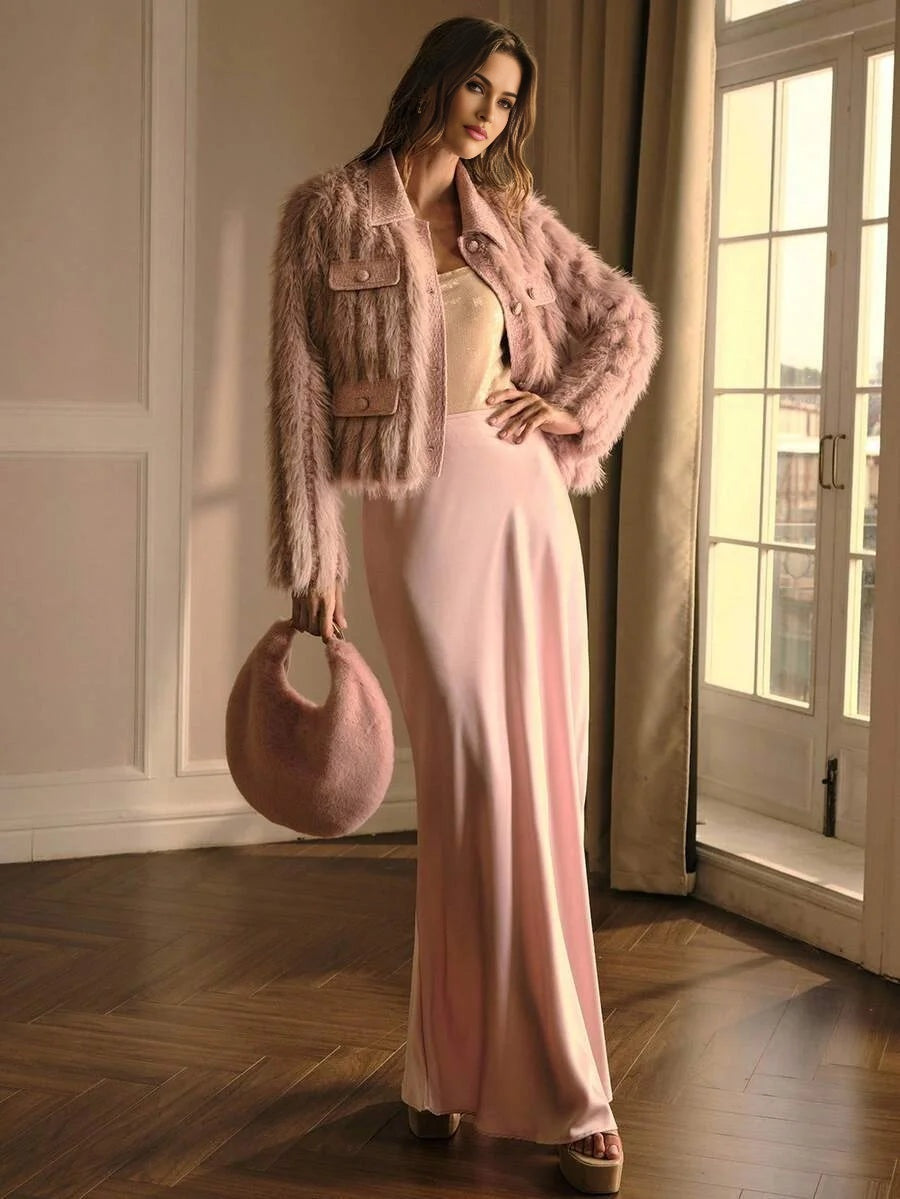 PREMIUM TWEED BUTTON UP FAUX FUR COAT