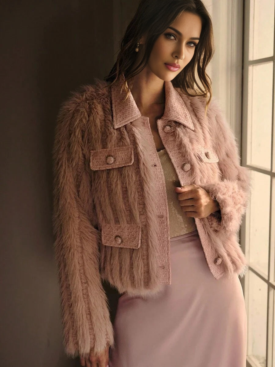 PREMIUM TWEED BUTTON UP FAUX FUR COAT