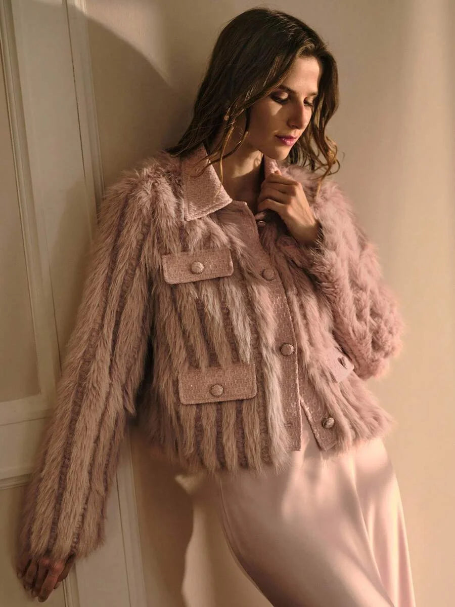 PREMIUM TWEED BUTTON UP FAUX FUR COAT