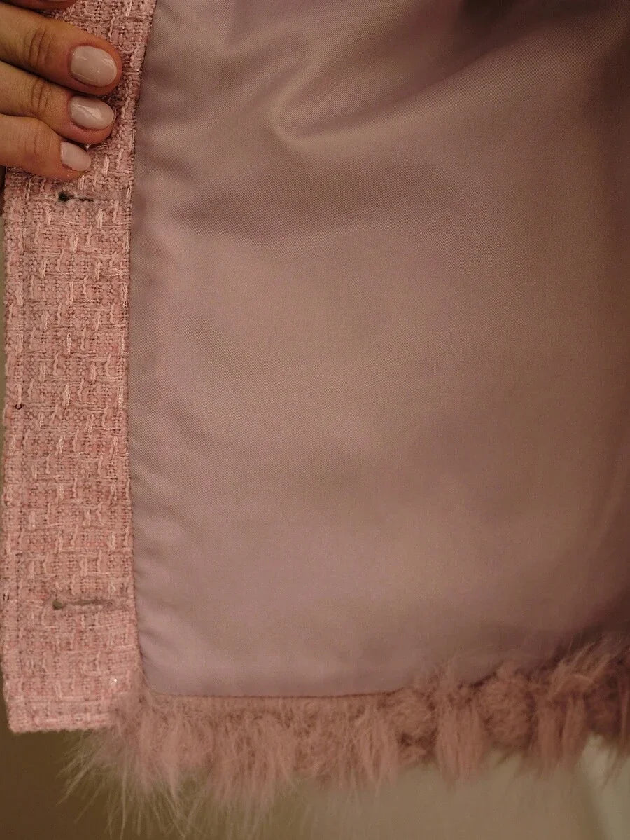 PREMIUM TWEED BUTTON UP FAUX FUR COAT