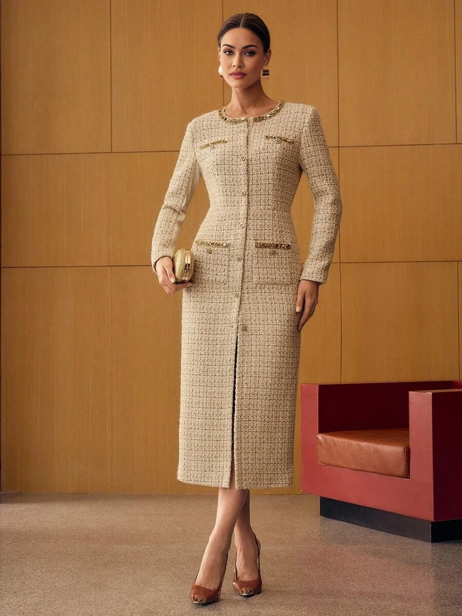 PREMIUM TWEED CONTRAST SEQUIN MIDI DRESS