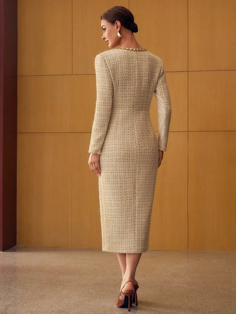 PREMIUM TWEED CONTRAST SEQUIN MIDI DRESS