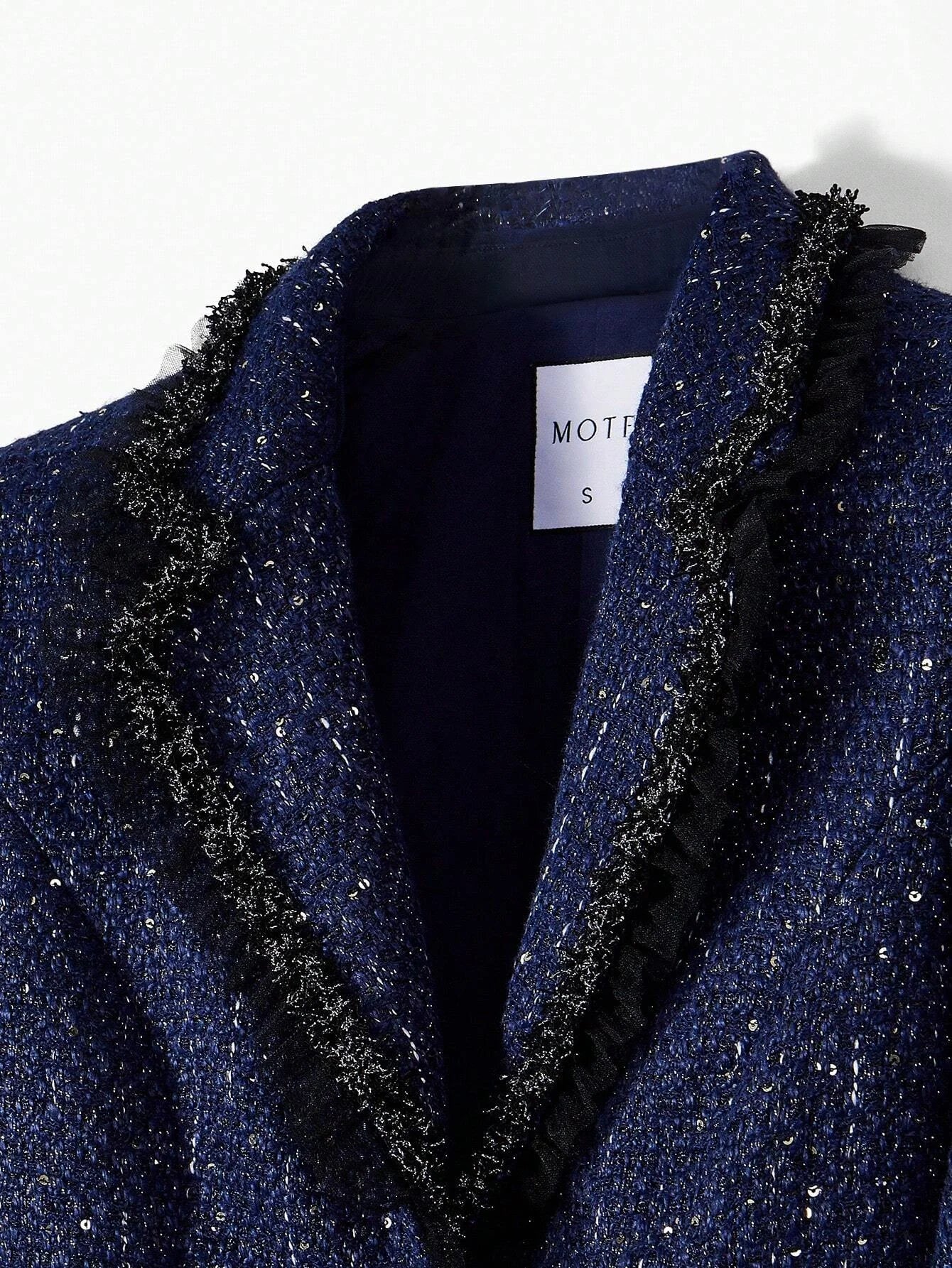 PREMIUM TWEED CONTRAST TAPE TRIM LAPEL COLLAR BLAZER