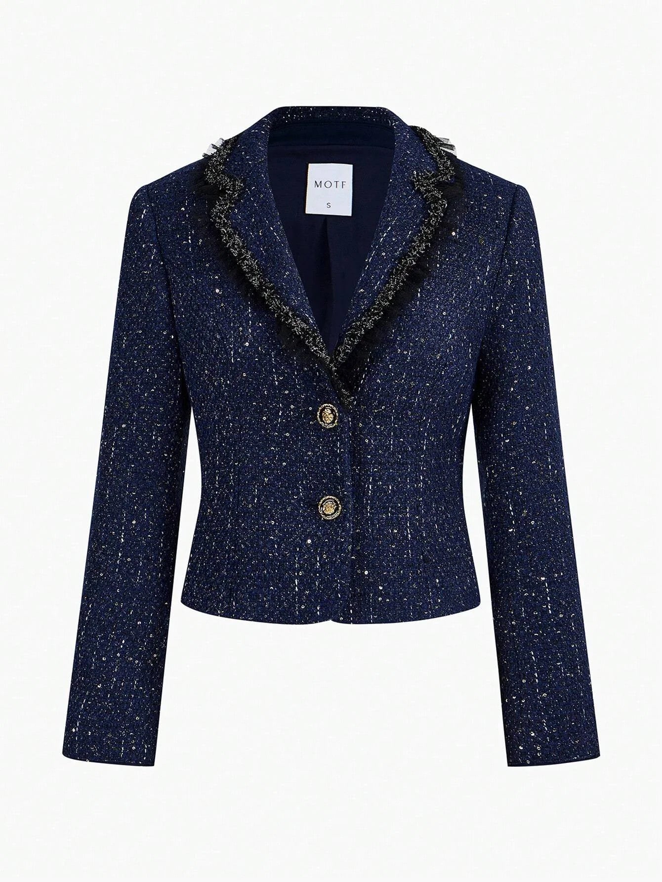 PREMIUM TWEED CONTRAST TAPE TRIM LAPEL COLLAR BLAZER