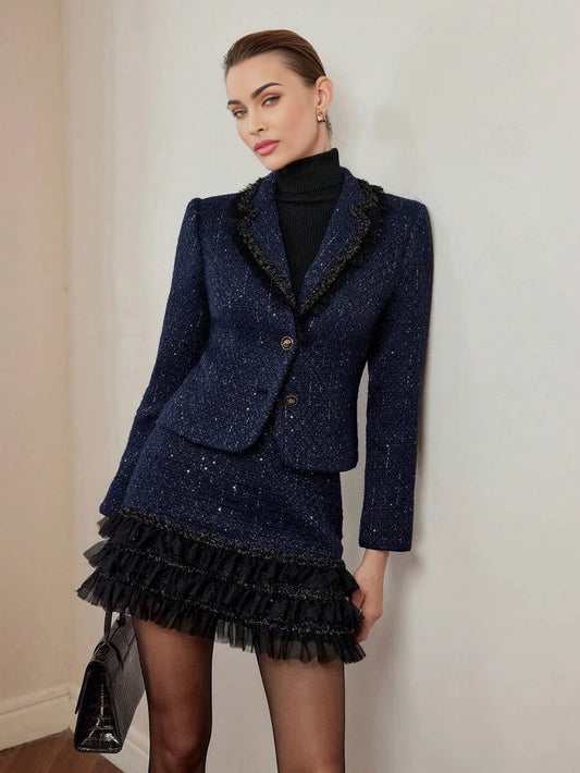 PREMIUM TWEED CONTRAST TAPE TRIM LAPEL COLLAR BLAZER