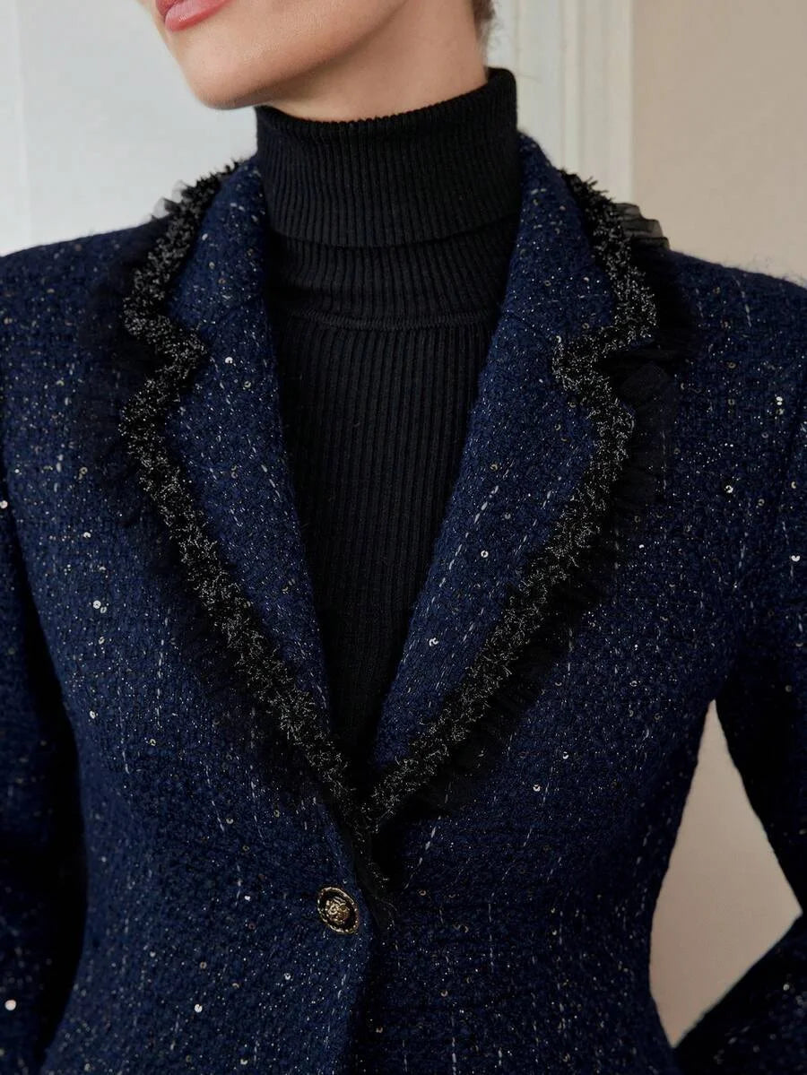 PREMIUM TWEED CONTRAST TAPE TRIM LAPEL COLLAR BLAZER