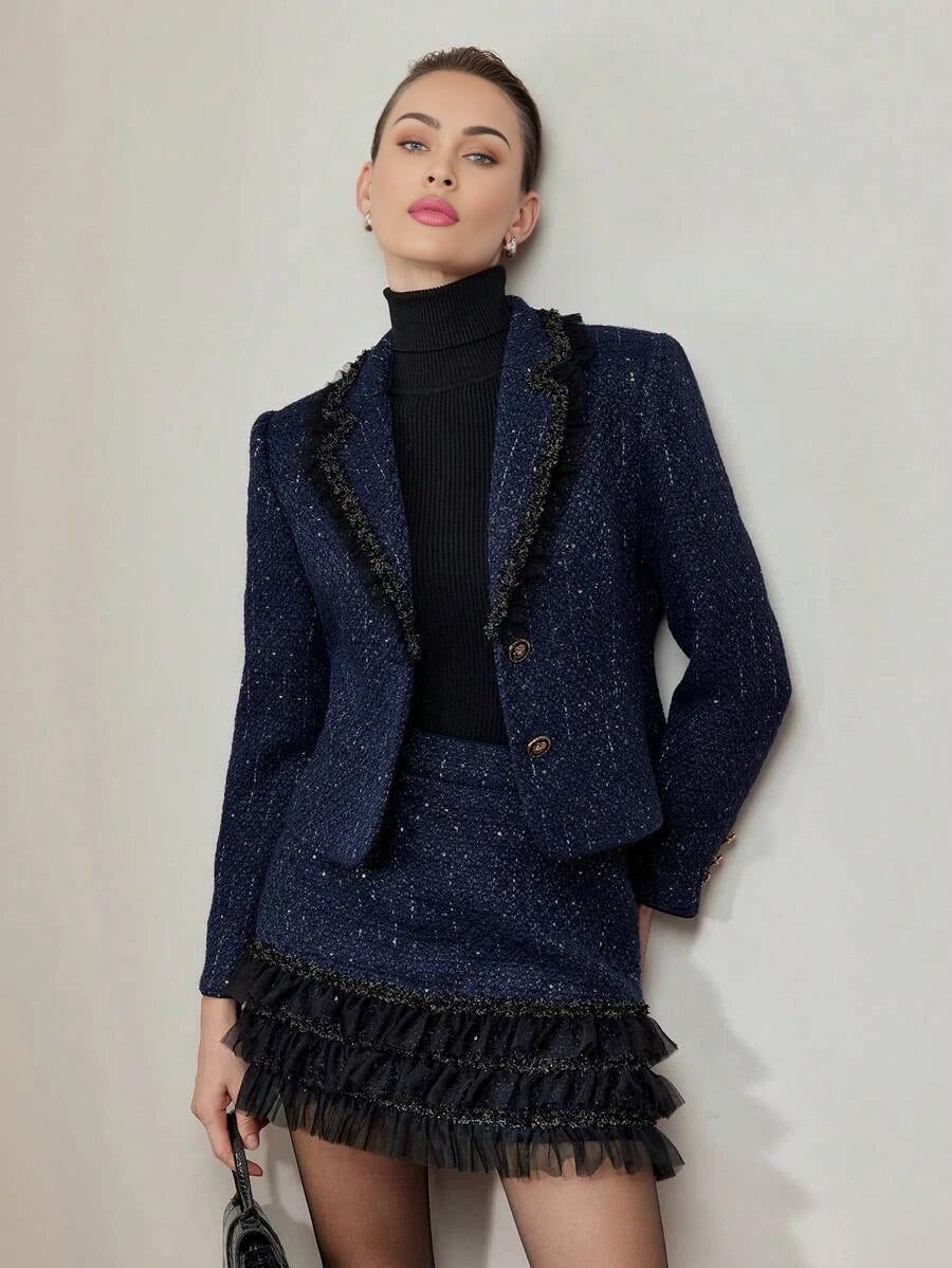 PREMIUM TWEED CONTRAST TAPE TRIM LAPEL COLLAR BLAZER