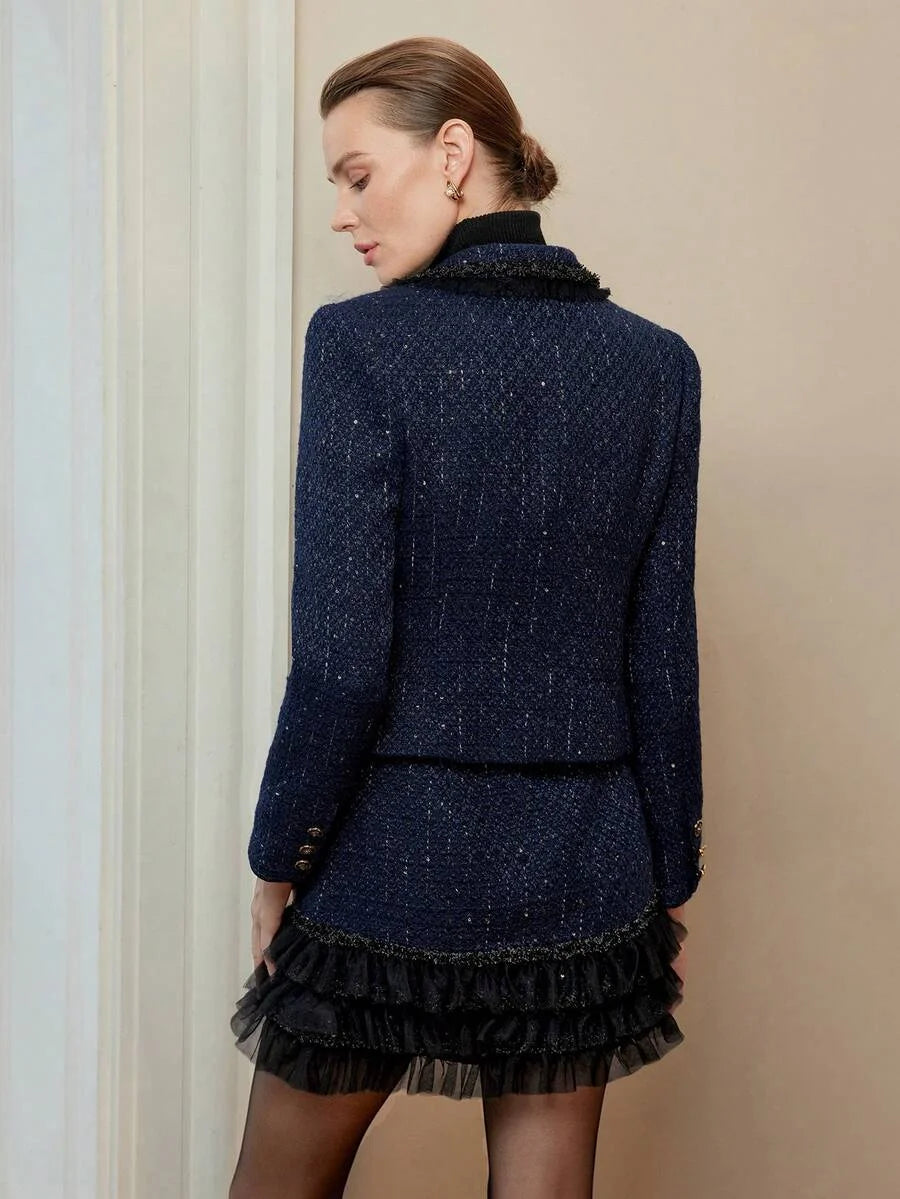 PREMIUM TWEED CONTRAST TAPE TRIM LAPEL COLLAR BLAZER