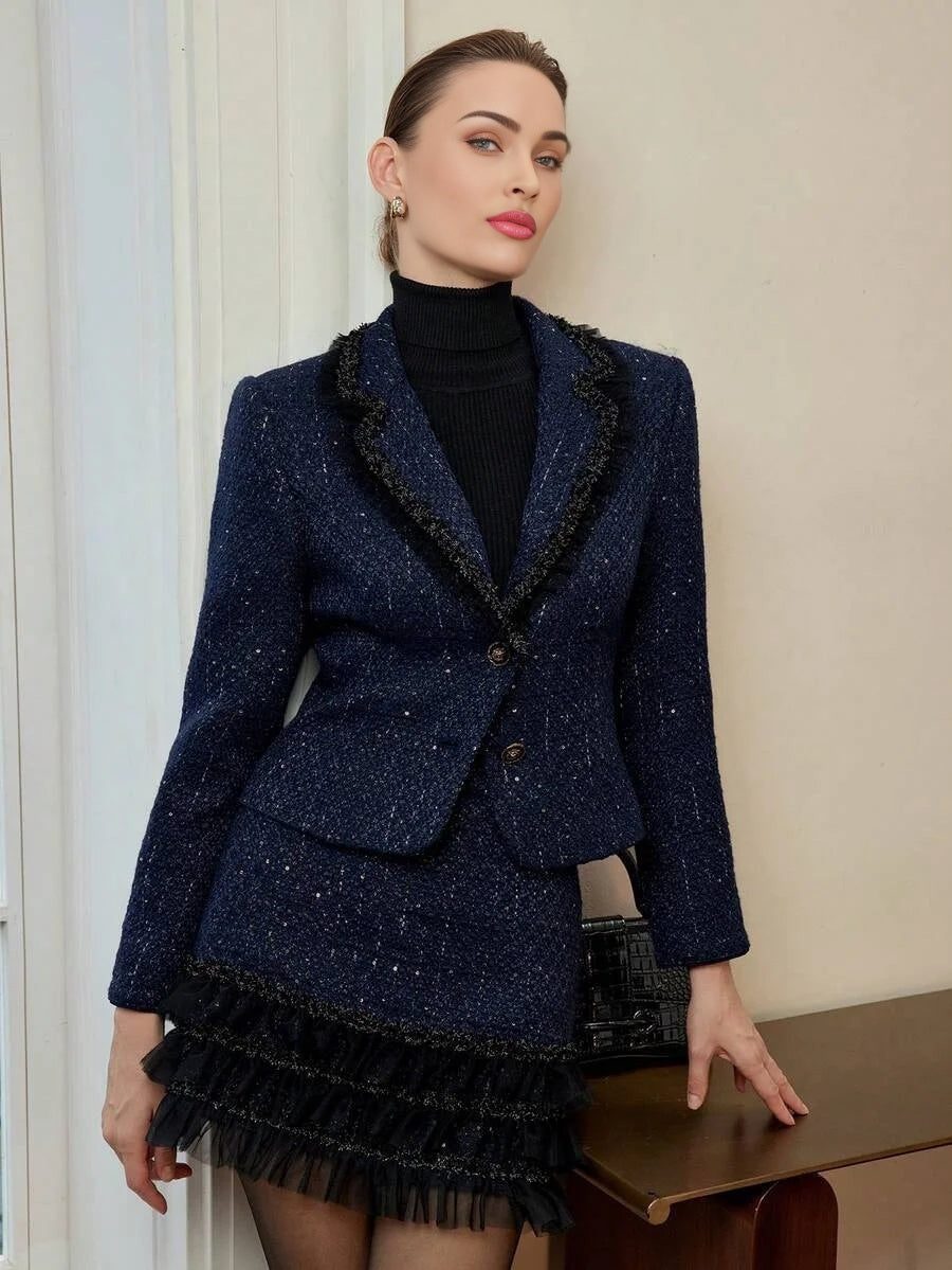 PREMIUM TWEED CONTRAST TAPE TRIM LAPEL COLLAR BLAZER