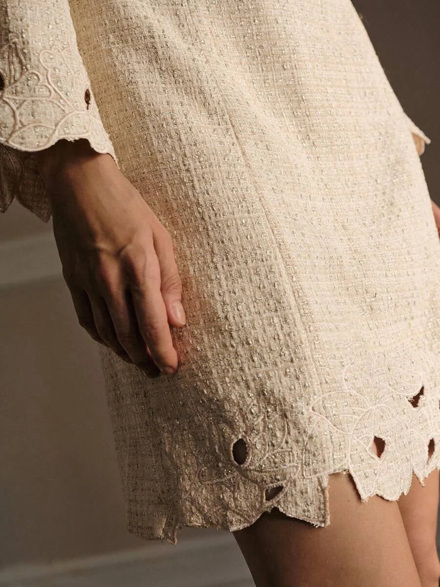 PREMIUM TWEED EMBROIDERED FLARE SLEEVE MINI DRESS