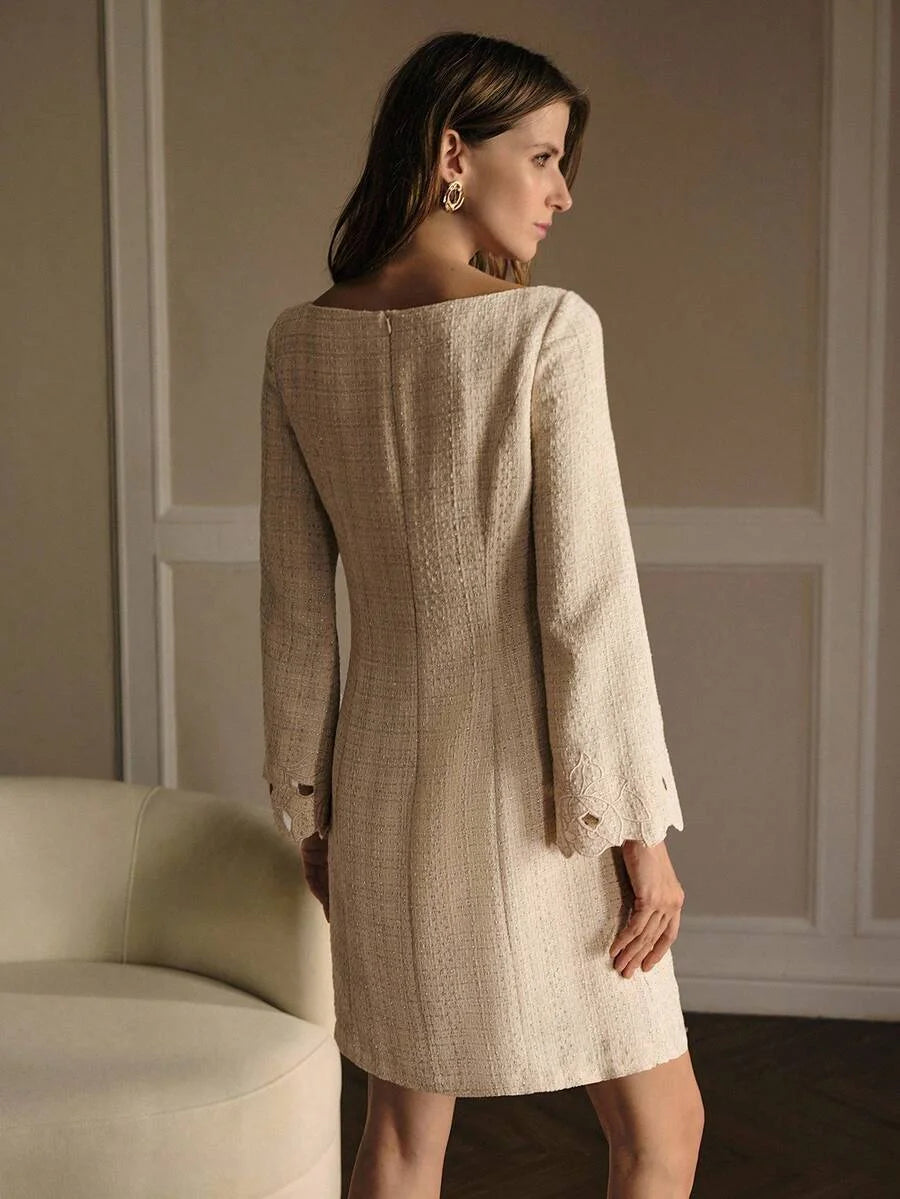 PREMIUM TWEED EMBROIDERED FLARE SLEEVE MINI DRESS