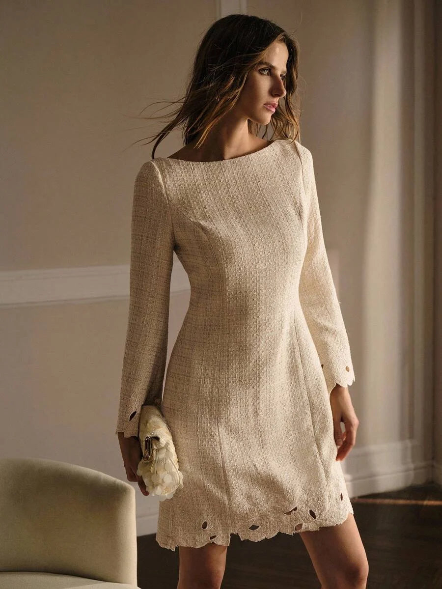 PREMIUM TWEED EMBROIDERED FLARE SLEEVE MINI DRESS