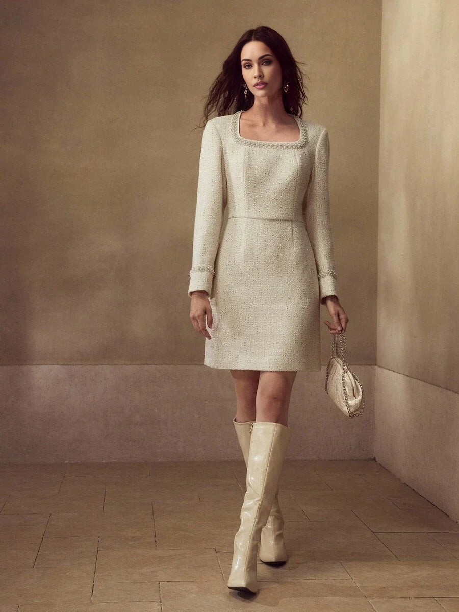 PREMIUM TWEED FAUX PEARL TRIM DRESS