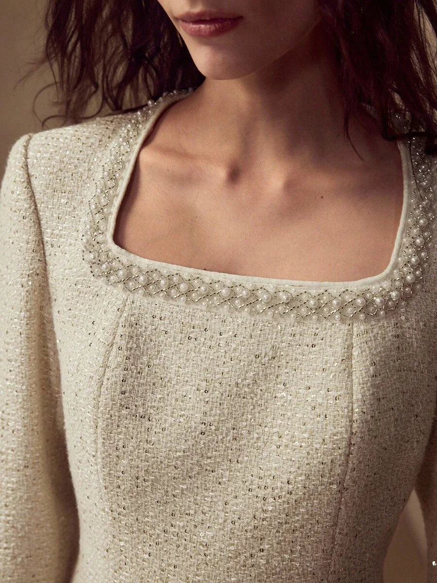 PREMIUM TWEED FAUX PEARL TRIM DRESS