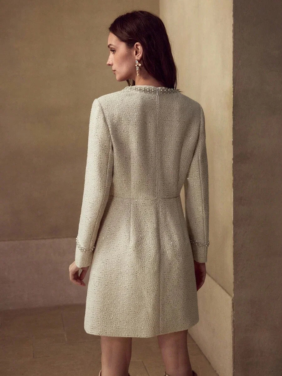 PREMIUM TWEED FAUX PEARL TRIM DRESS
