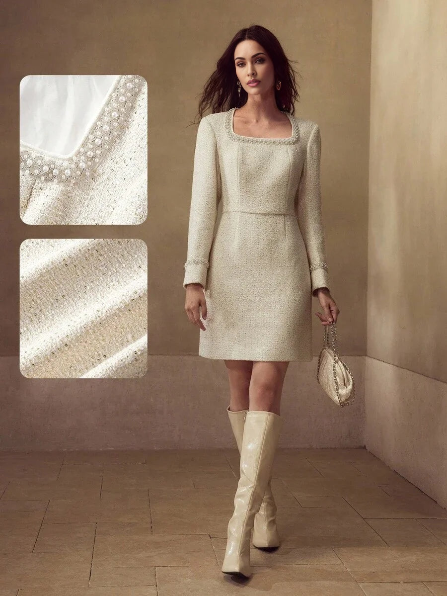 PREMIUM TWEED FAUX PEARL TRIM DRESS