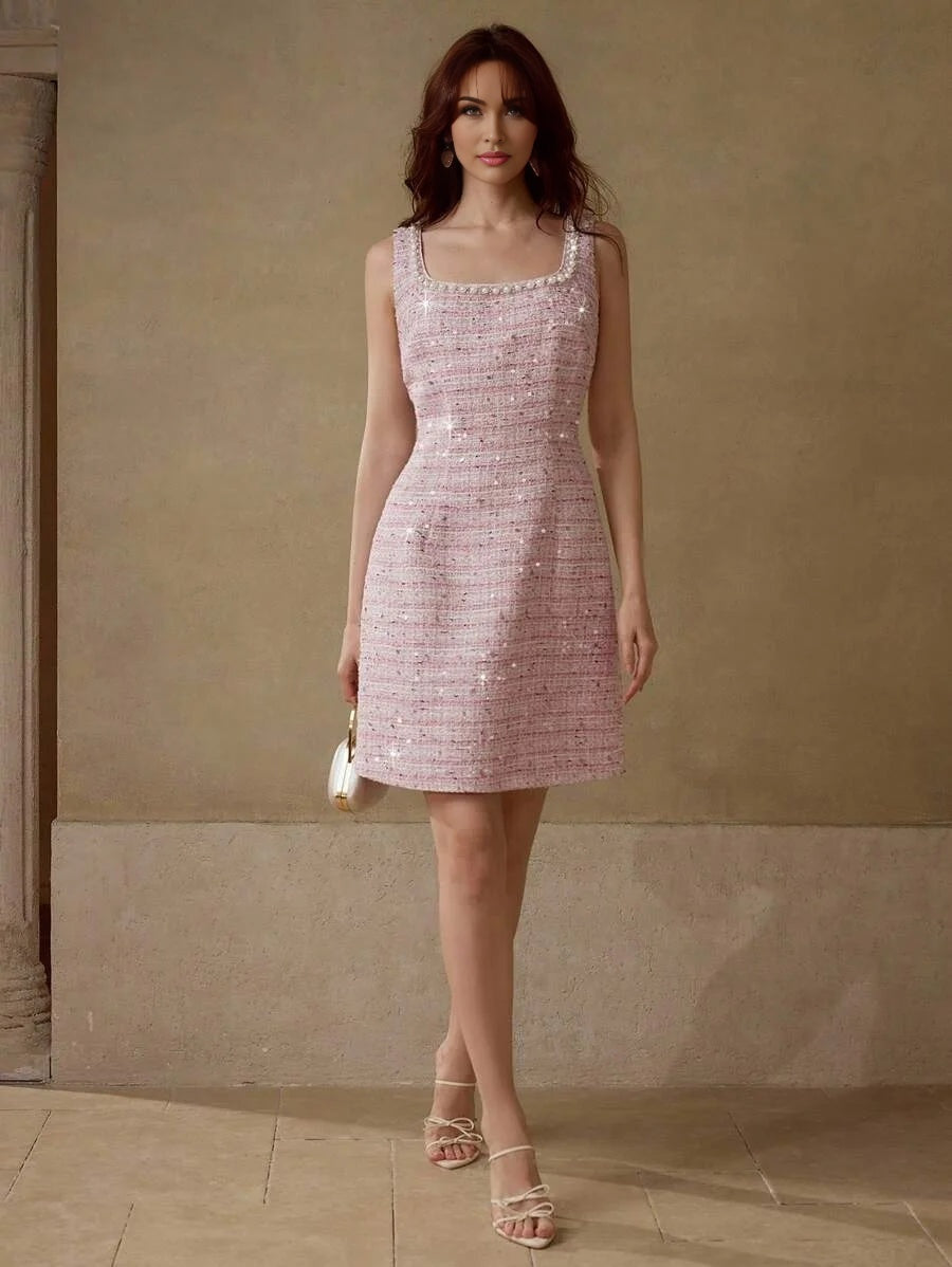 PREMIUM TWEED FAUX PEARL TRIM MINI DRESS
