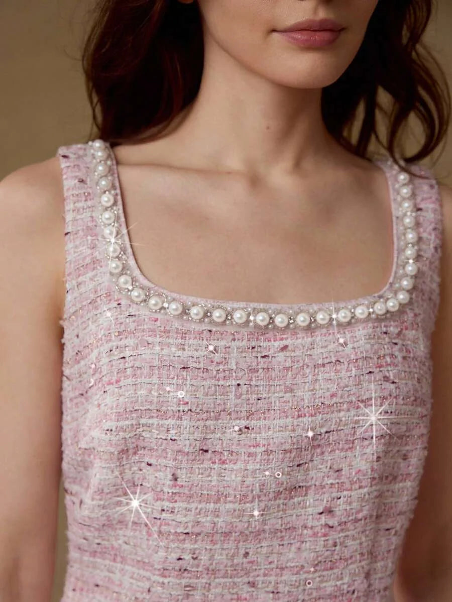 PREMIUM TWEED FAUX PEARL TRIM MINI DRESS