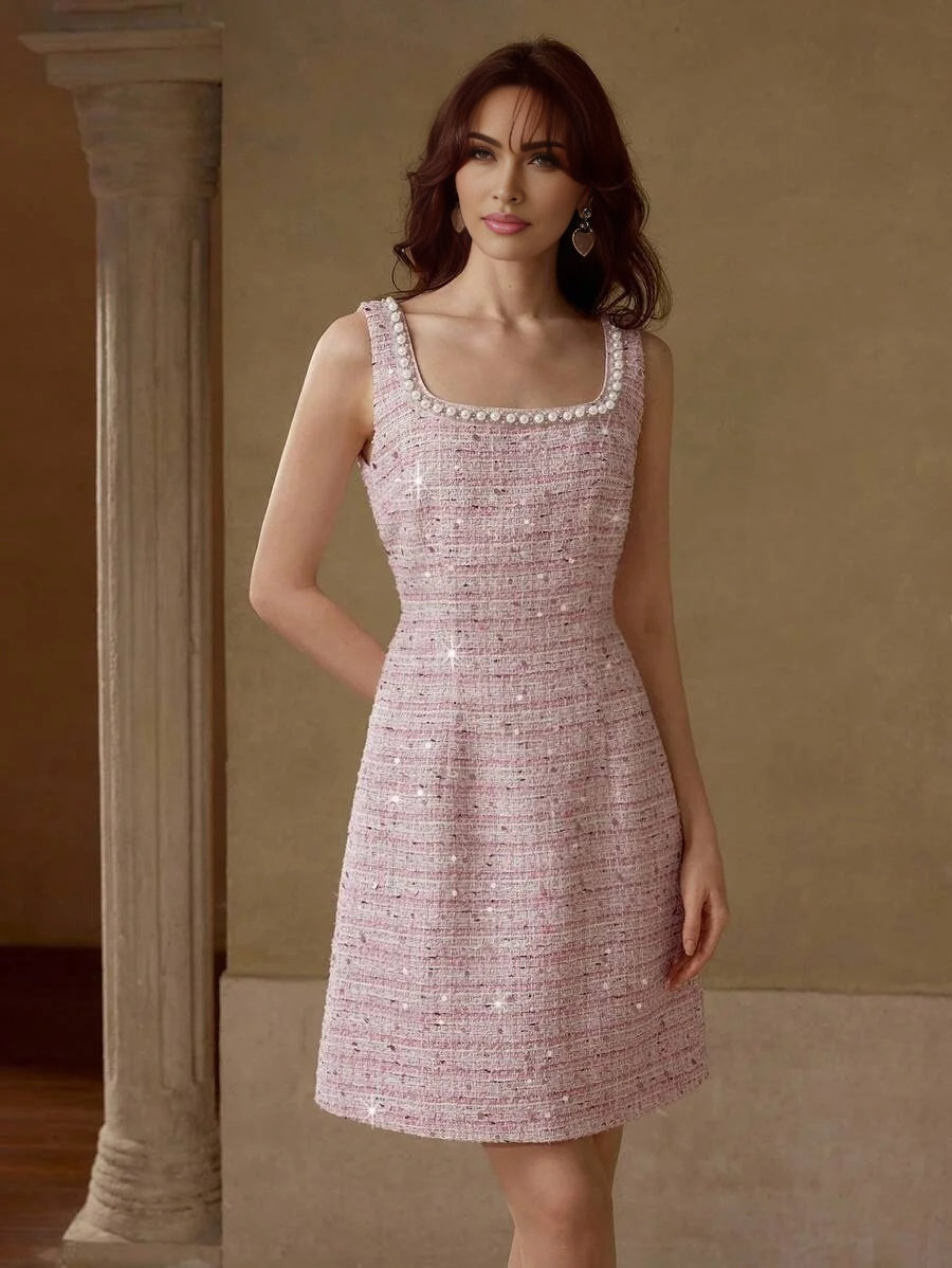 PREMIUM TWEED FAUX PEARL TRIM MINI DRESS