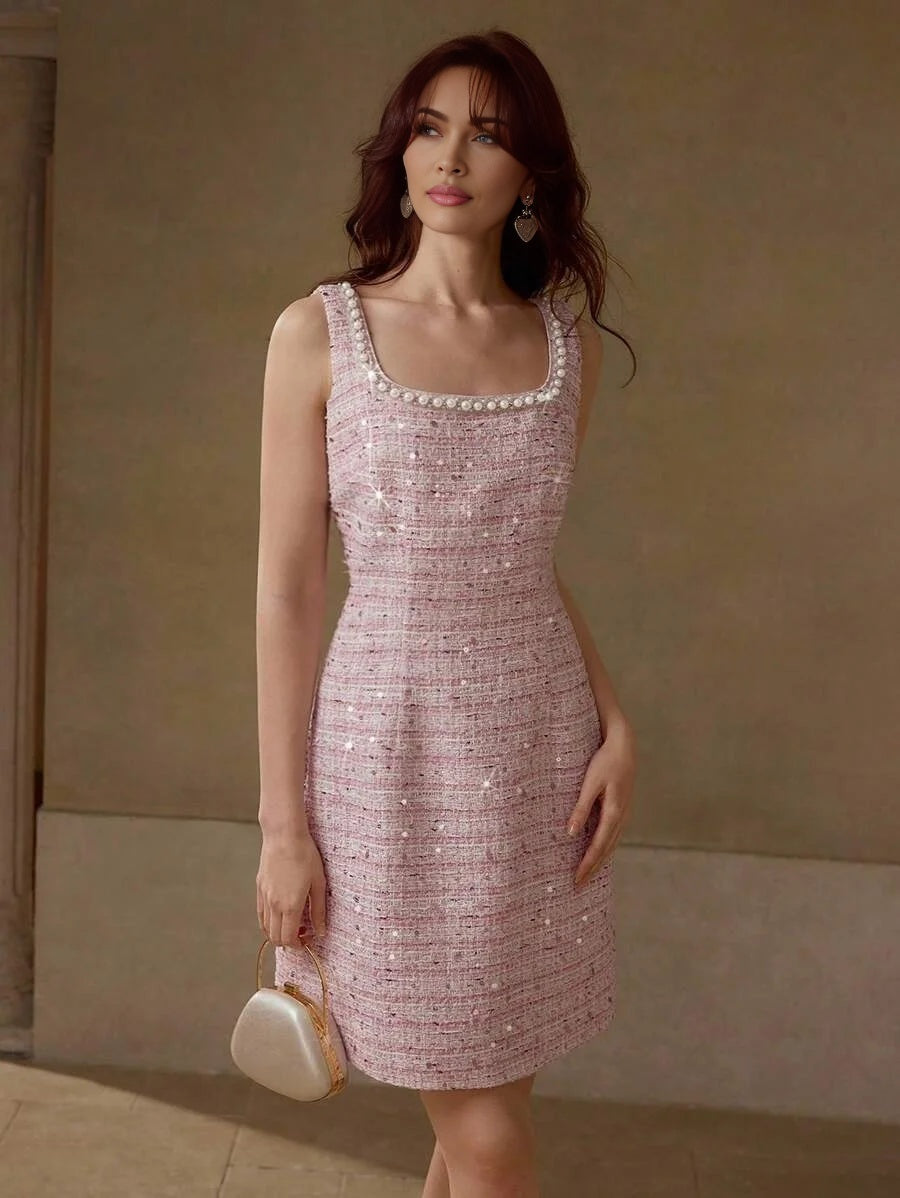 PREMIUM TWEED FAUX PEARL TRIM MINI DRESS
