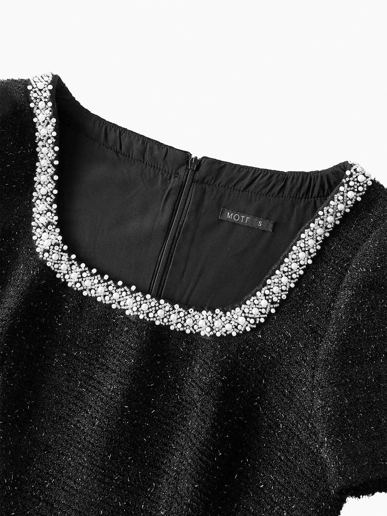 PREMIUM TWEED FAUX PEARLS BEADED TRIM SLIM FIT MINI DRESS