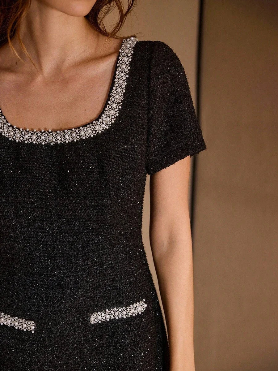 PREMIUM TWEED FAUX PEARLS BEADED TRIM SLIM FIT MINI DRESS