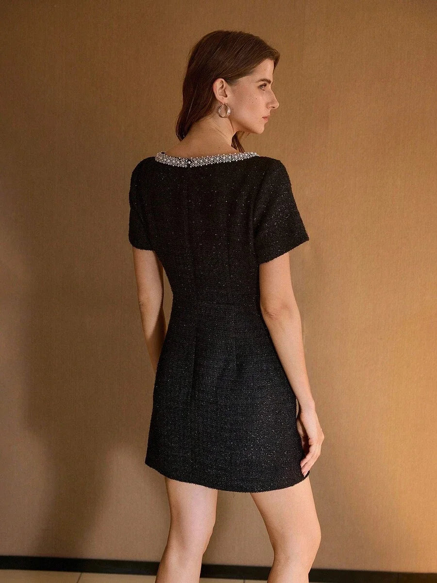 PREMIUM TWEED FAUX PEARLS BEADED TRIM SLIM FIT MINI DRESS