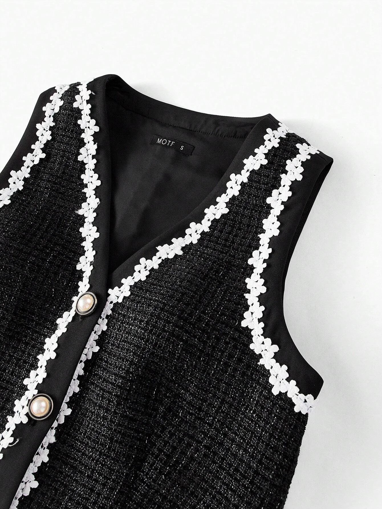 PREMIUM TWEED FLORAL LACE TRIM SINGLE BREASTED PLACKET WAISTCOAT