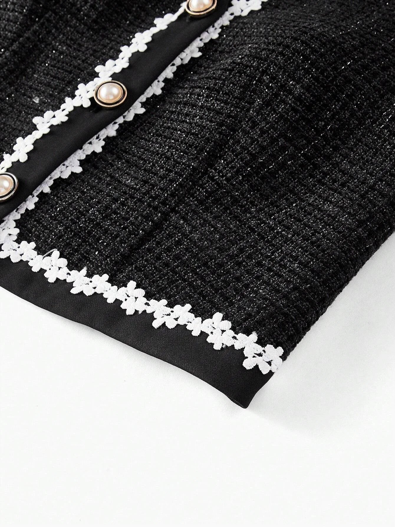 PREMIUM TWEED FLORAL LACE TRIM SINGLE BREASTED PLACKET WAISTCOAT