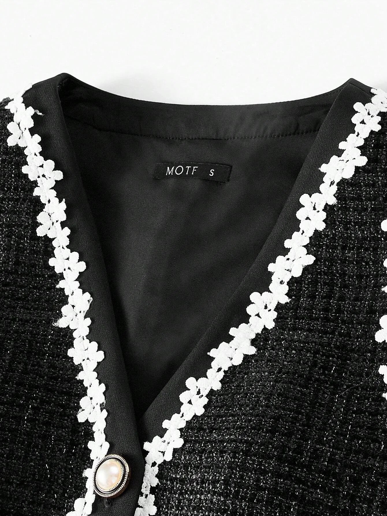 PREMIUM TWEED FLORAL LACE TRIM SINGLE BREASTED PLACKET WAISTCOAT