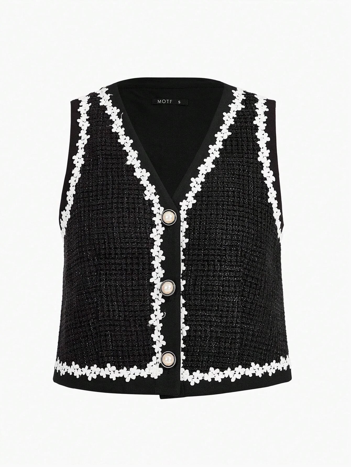 PREMIUM TWEED FLORAL LACE TRIM SINGLE BREASTED PLACKET WAISTCOAT