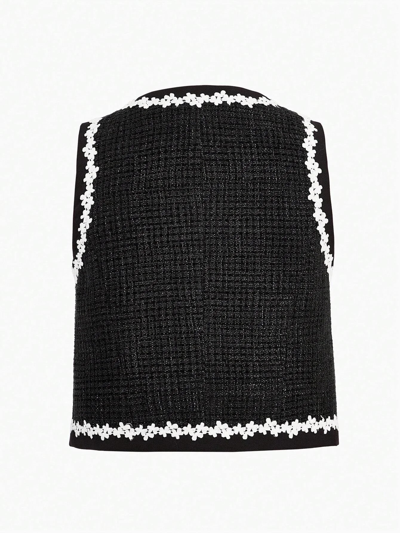 PREMIUM TWEED FLORAL LACE TRIM SINGLE BREASTED PLACKET WAISTCOAT