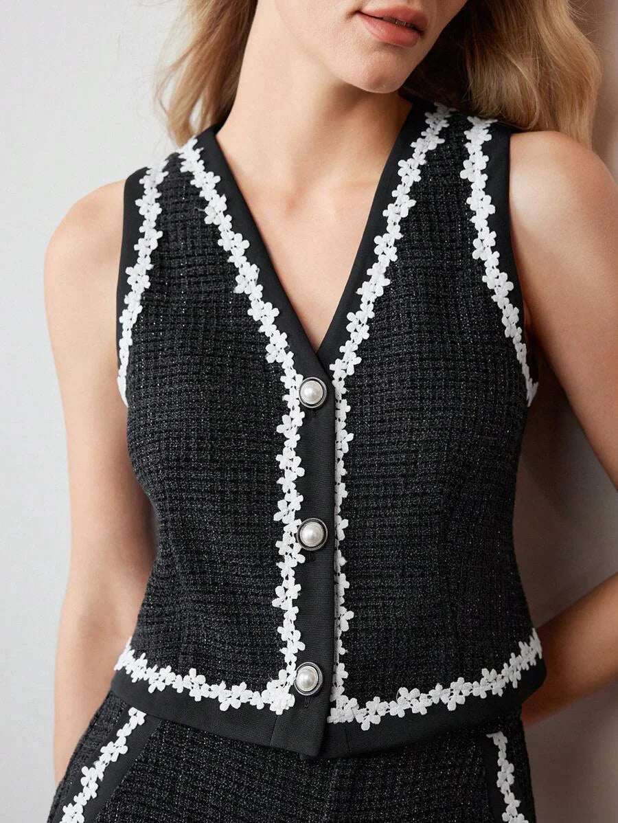PREMIUM TWEED FLORAL LACE TRIM SINGLE BREASTED PLACKET WAISTCOAT