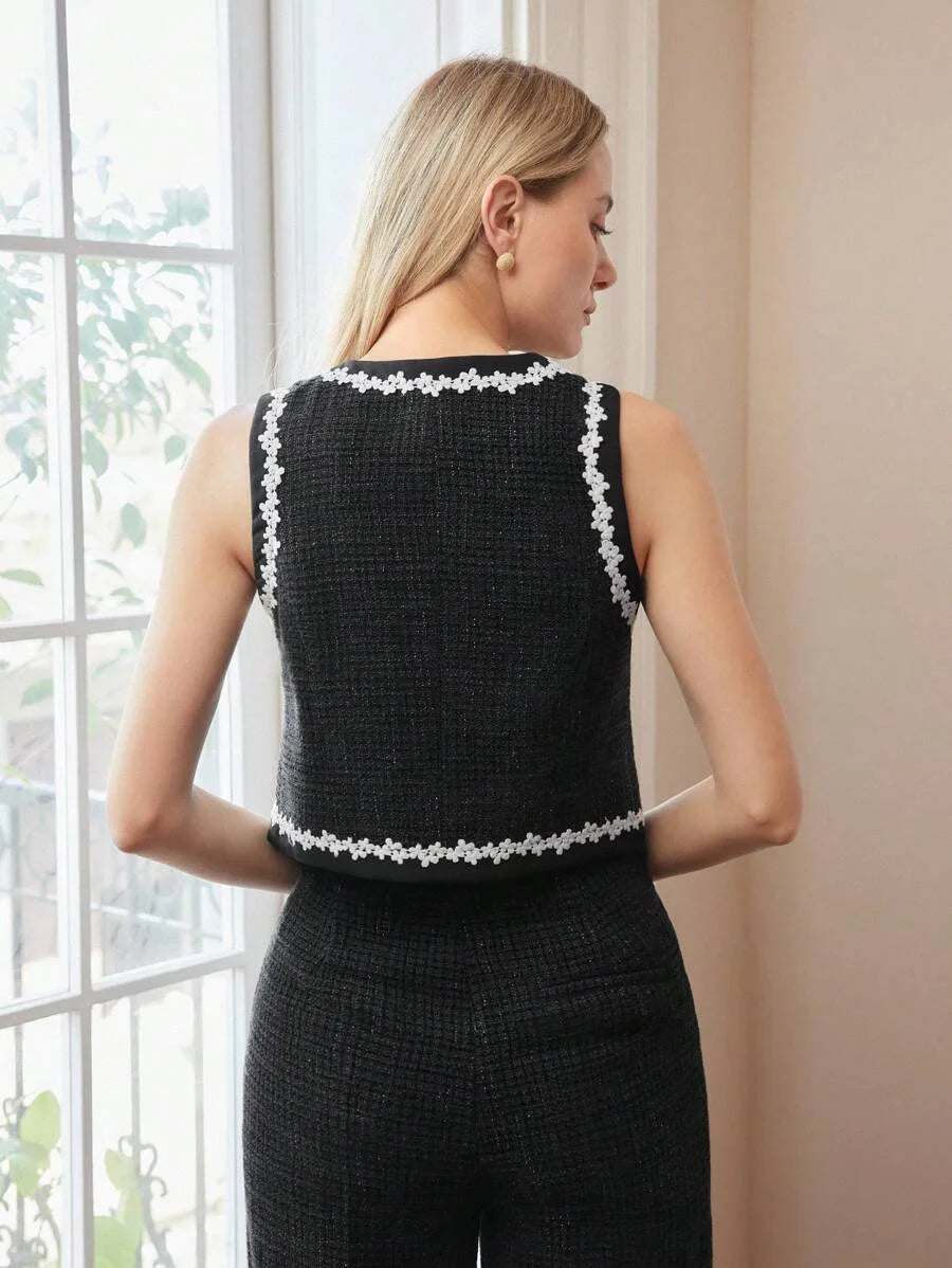 PREMIUM TWEED FLORAL LACE TRIM SINGLE BREASTED PLACKET WAISTCOAT