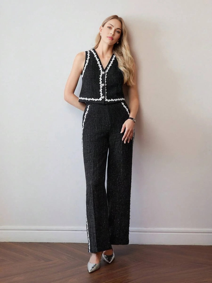 PREMIUM TWEED FLORAL LACE TRIM SINGLE BREASTED PLACKET WAISTCOAT