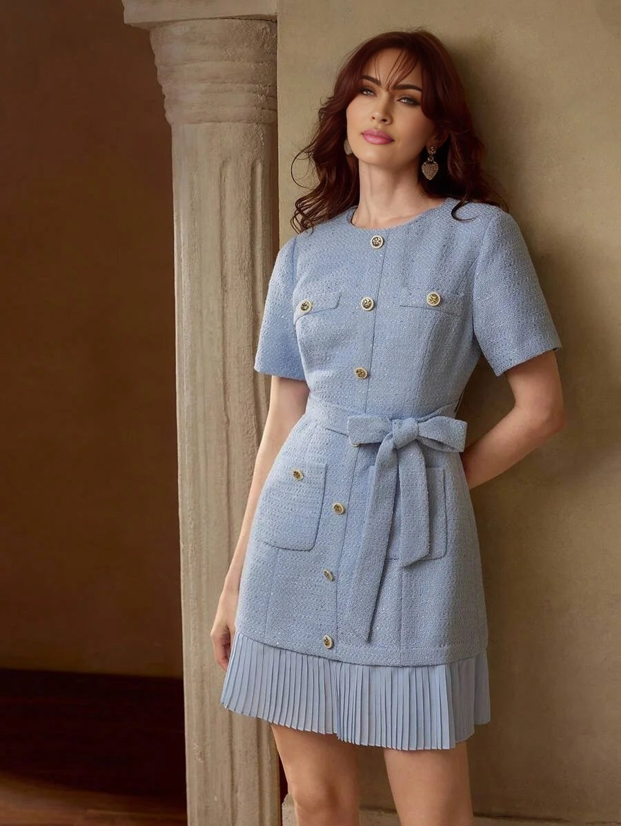 PREMIUM TWEED GOLD BUTTON DETAIL PATCH POCKET PLEATED HEM BELTED SHORT DRESS