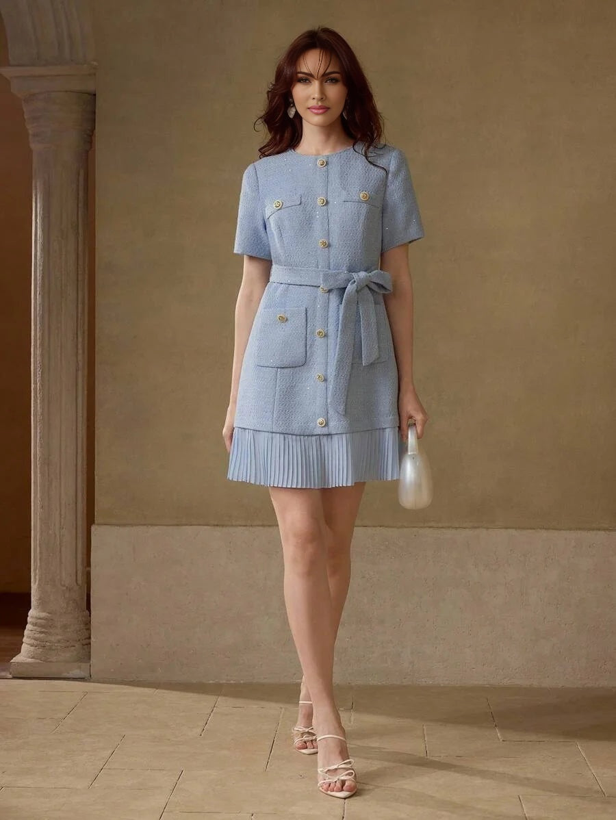 PREMIUM TWEED GOLD BUTTON DETAIL PATCH POCKET PLEATED HEM BELTED SHORT DRESS