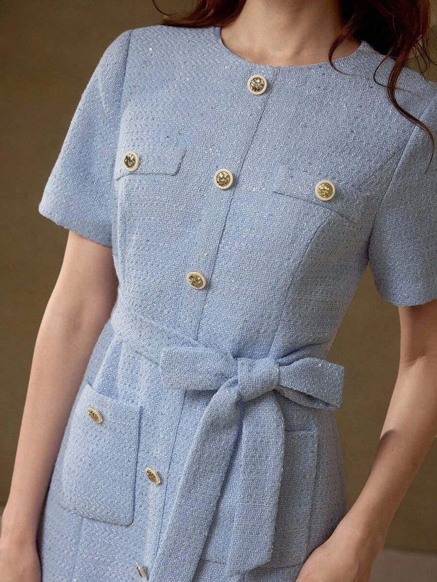 PREMIUM TWEED GOLD BUTTON DETAIL PATCH POCKET PLEATED HEM BELTED SHORT DRESS