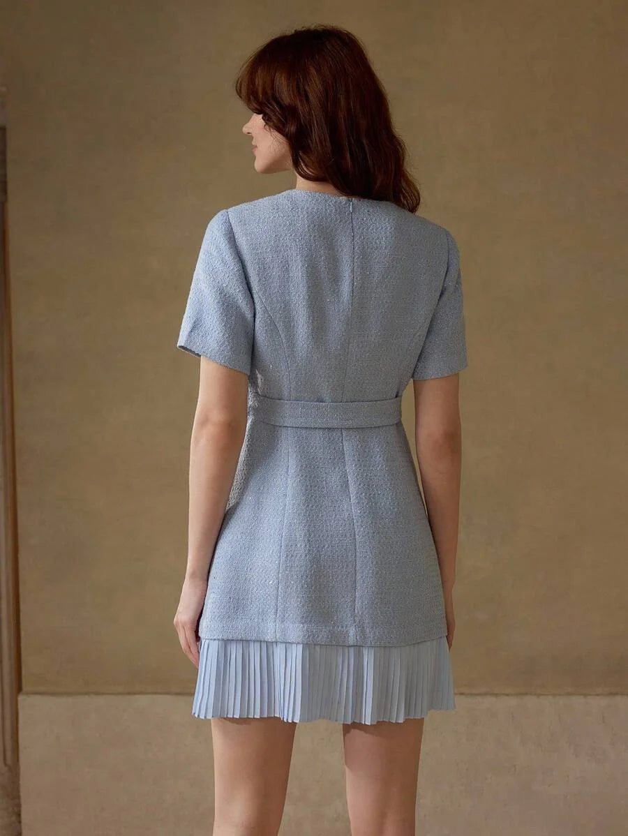 PREMIUM TWEED GOLD BUTTON DETAIL PATCH POCKET PLEATED HEM BELTED SHORT DRESS