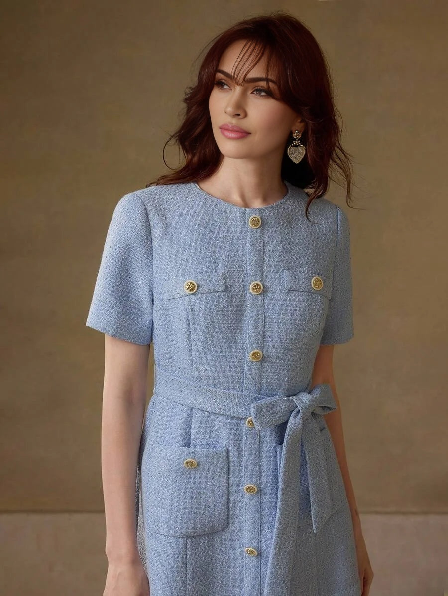PREMIUM TWEED GOLD BUTTON DETAIL PATCH POCKET PLEATED HEM BELTED SHORT DRESS