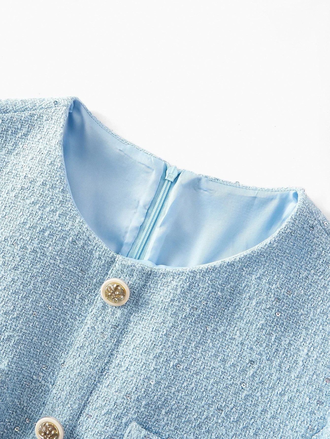 PREMIUM TWEED GOLD BUTTON DETAIL PATCH POCKET PLEATED HEM BELTED SHORT DRESS