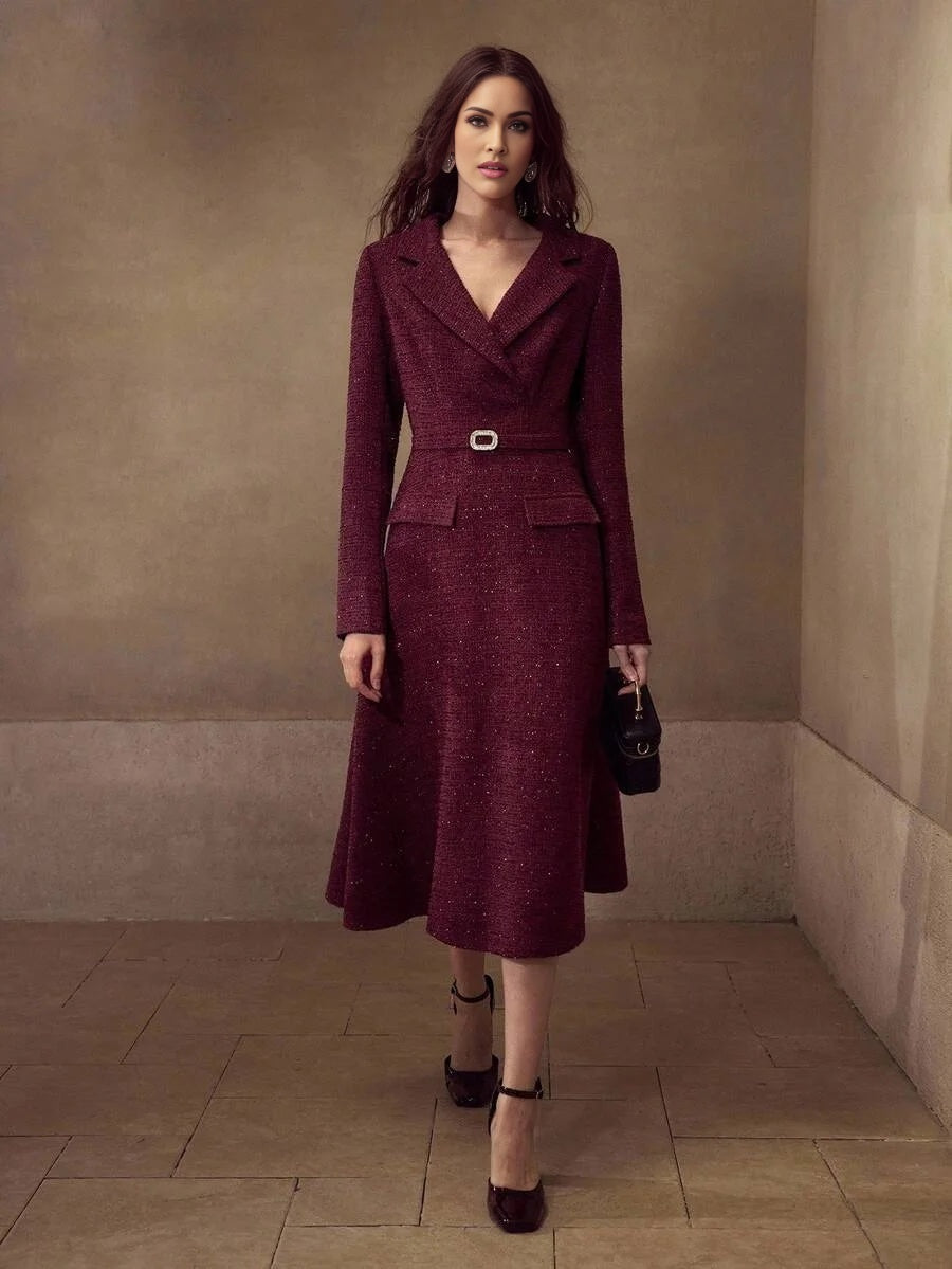 PREMIUM TWEED LAPEL COLLAR FLARE HEM RHINESTONE BELTED DRESS FALL WINTER