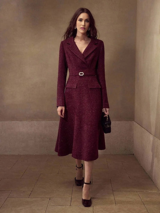 PREMIUM TWEED LAPEL COLLAR FLARE HEM RHINESTONE BELTED DRESS FALL WINTER