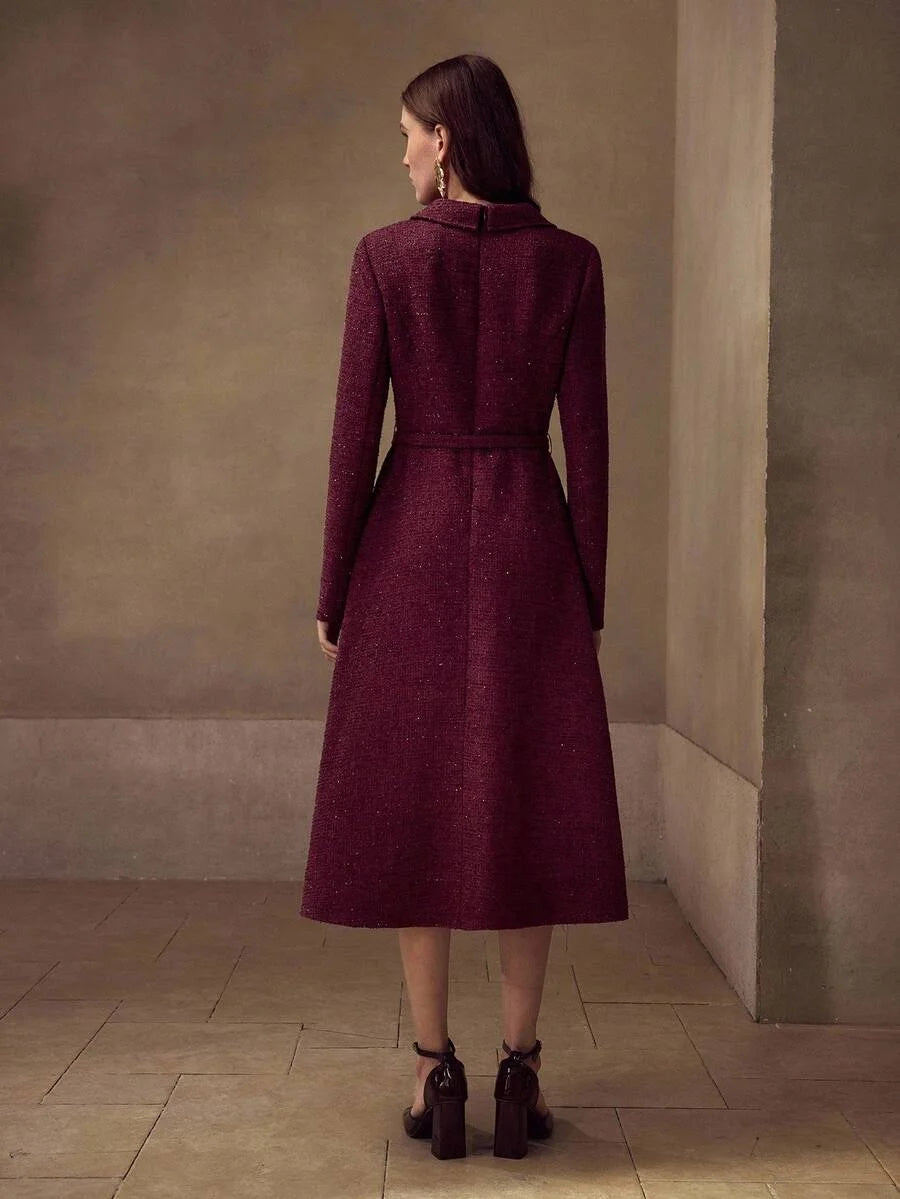 PREMIUM TWEED LAPEL COLLAR FLARE HEM RHINESTONE BELTED DRESS FALL WINTER