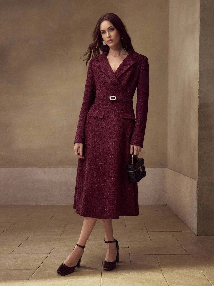 PREMIUM TWEED LAPEL COLLAR FLARE HEM RHINESTONE BELTED DRESS FALL WINTER