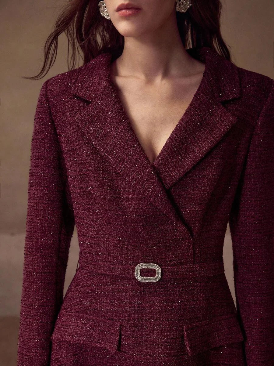 PREMIUM TWEED LAPEL COLLAR FLARE HEM RHINESTONE BELTED DRESS FALL WINTER