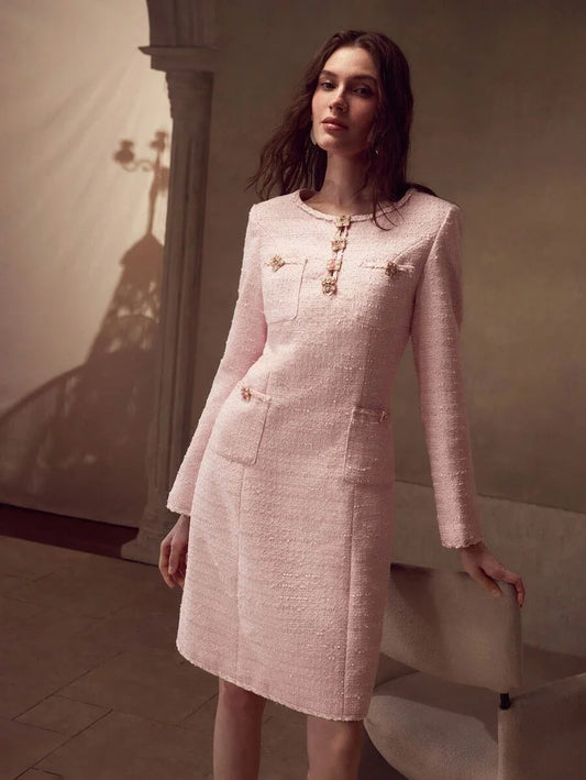 PREMIUM TWEED PATCH POCKET BEADED SHORT DRESS